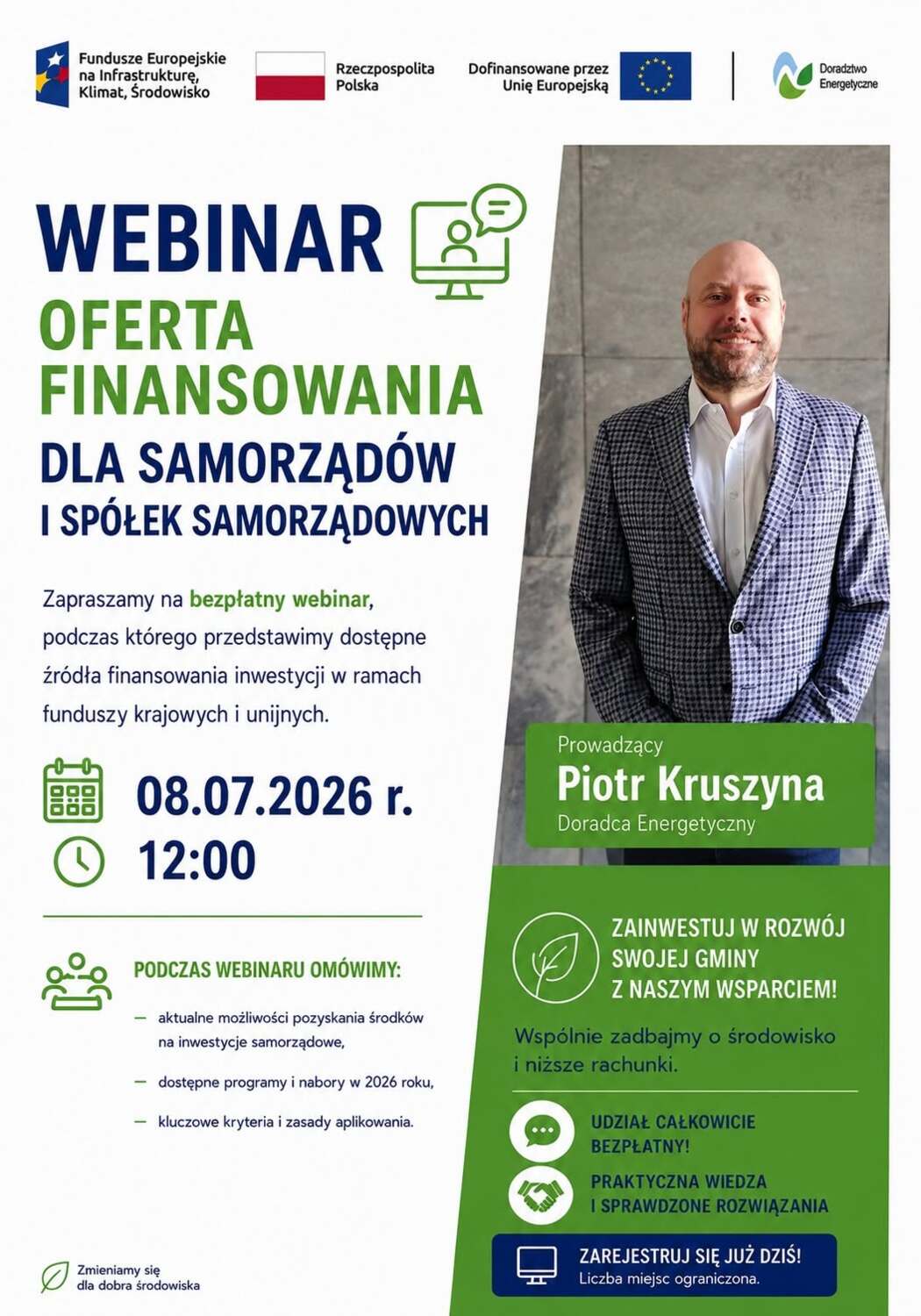 Grafika przedstawia Doradcę Energetycznego, który zaprasza na webinar Oferta finansowania dla Samorządów i spółek samorządowych, który odbędzie się 8 lipca o godzinie 12:00