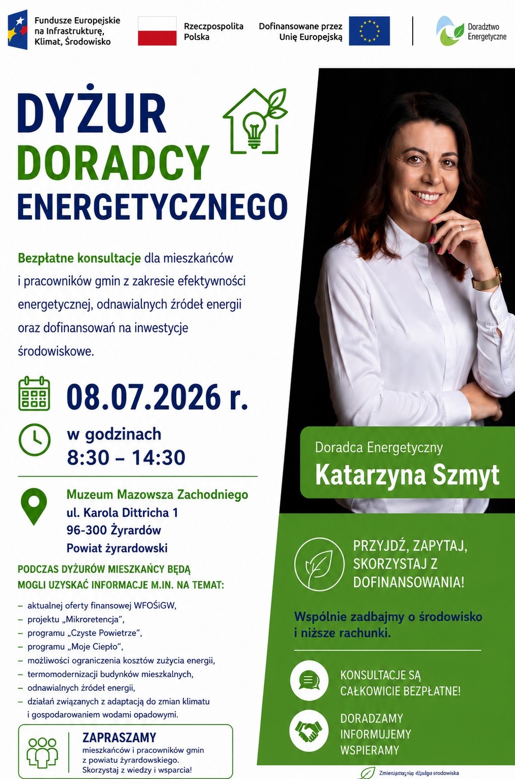 Grafika przedstawia Doradcę Energetycznego z Wojewódzkiego Funduszu Ochrony Środowiska i Gospodarki Wodnej w Warszawie, który zaprasza na dyżur Doradcy Energetycznego w Muzeum Mazowsza Zachodniego w Żyrardowie 8 lipca 3 lipca