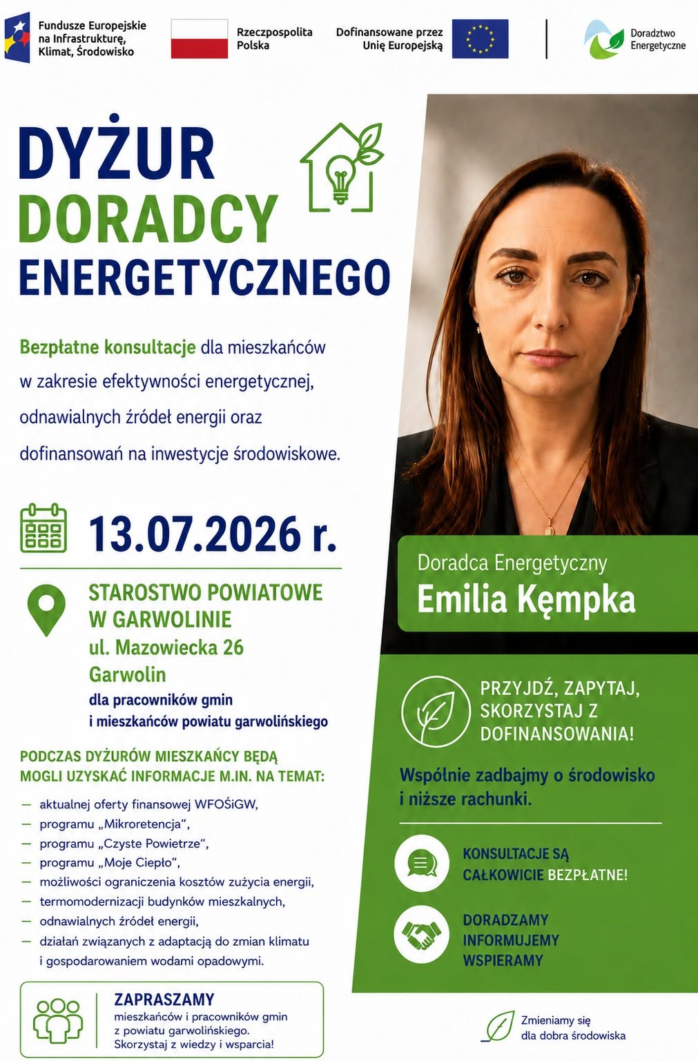 Grafika przedstawia Doradcę Energetycznego z Wojewódzkiego Funduszu Ochrony Środowiska i Gospodarki Wodnej w Warszawie, który zaprasza na dyżur Doradcy Energetycznego w Starostwie Powiatowym w Garwolinie 13 lipca