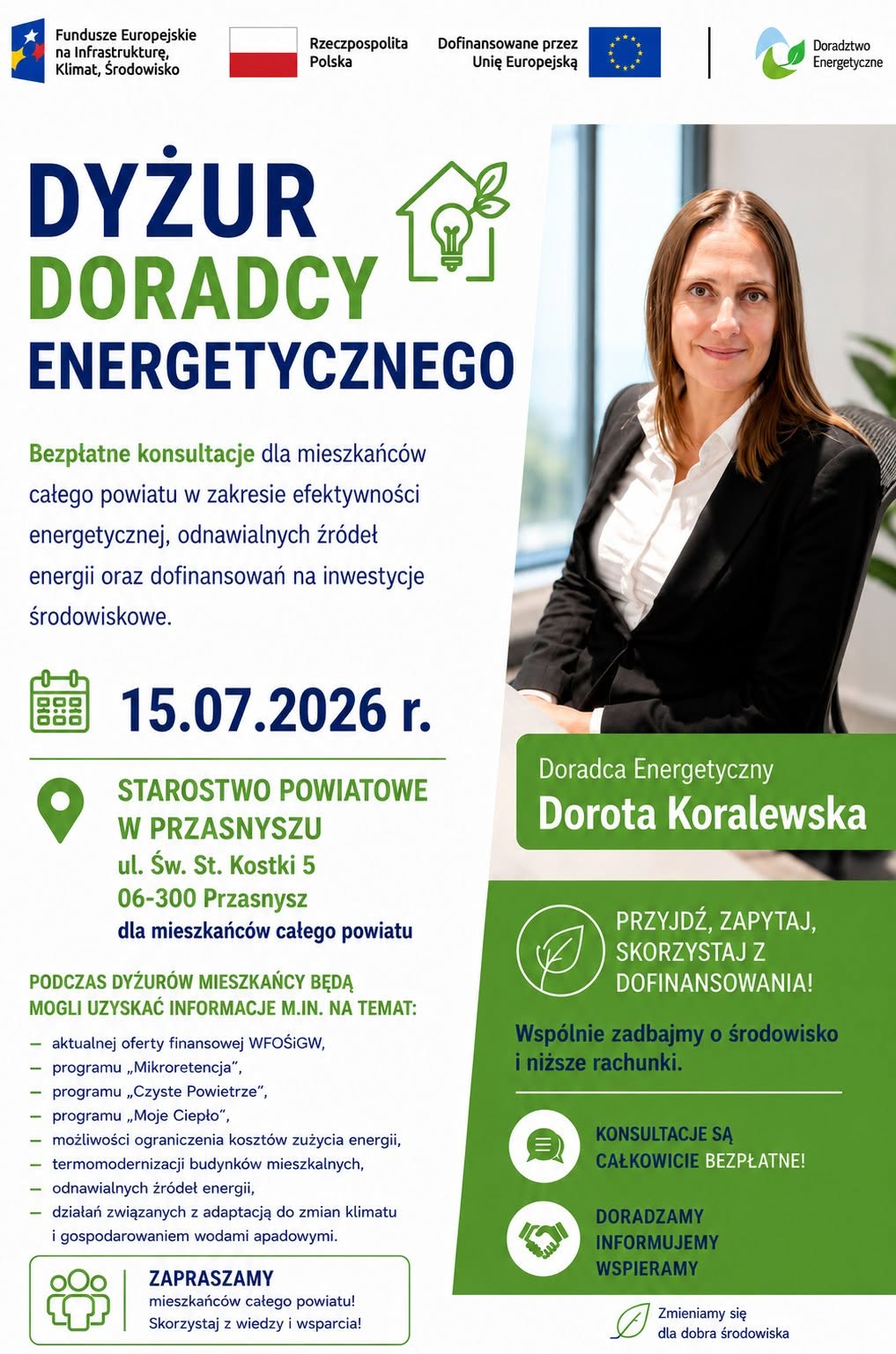Grafika przedstawia Doradcę Energetycznego z Wojewódzkiego Funduszu Ochrony Środowiska i Gospodarki Wodnej w Warszawie, który zaprasza na dyżur Doradcy Energetycznego w Starostwie Powiatowym w Przasnyszu 15 lipca