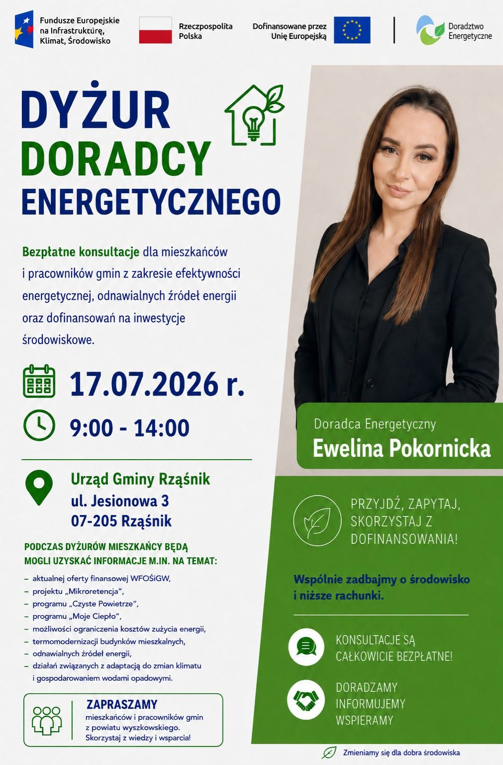 Grafika przedstawia Doradcę Energetycznego z Wojewódzkiego Funduszu Ochrony Środowiska i Gospodarki Wodnej w Warszawie, który zaprasza na dyżur Doradcy Energetycznego w Urzędzie Gminy Rząśnik 17 lipca
