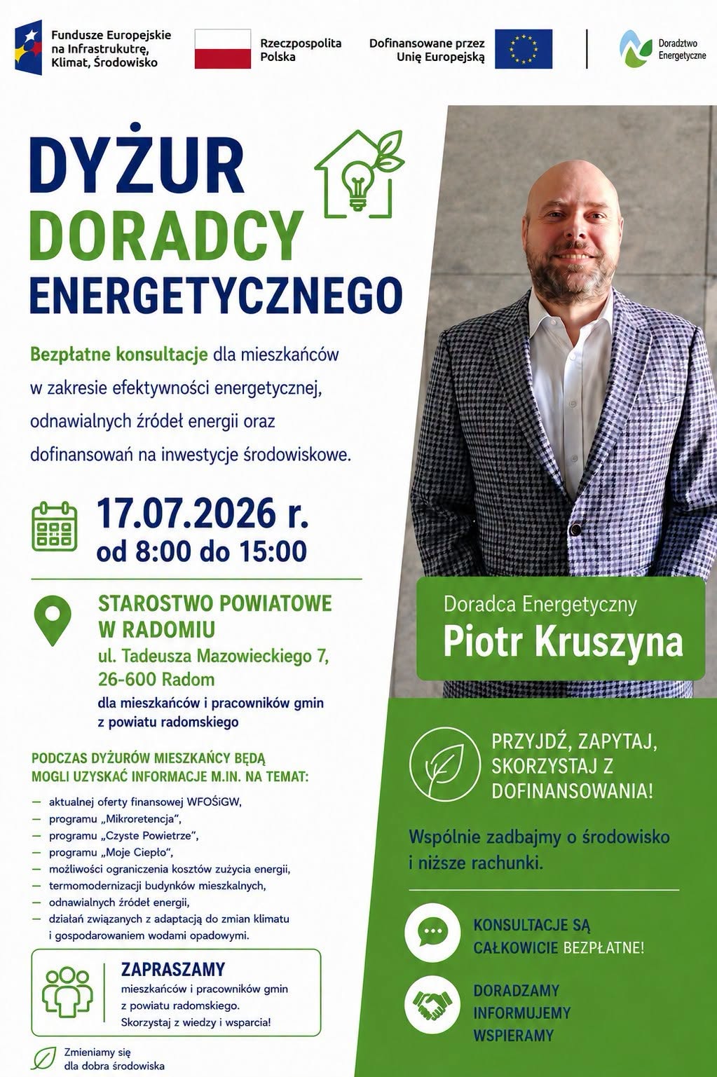 Grafika przedstawia Doradcę Energetycznego z Wojewódzkiego Funduszu Ochrony Środowiska i Gospodarki Wodnej w Warszawie, który zaprasza na dyżur Doradcy Energetycznego w Starostwie Powiatowym w Radomiu 17 lipca