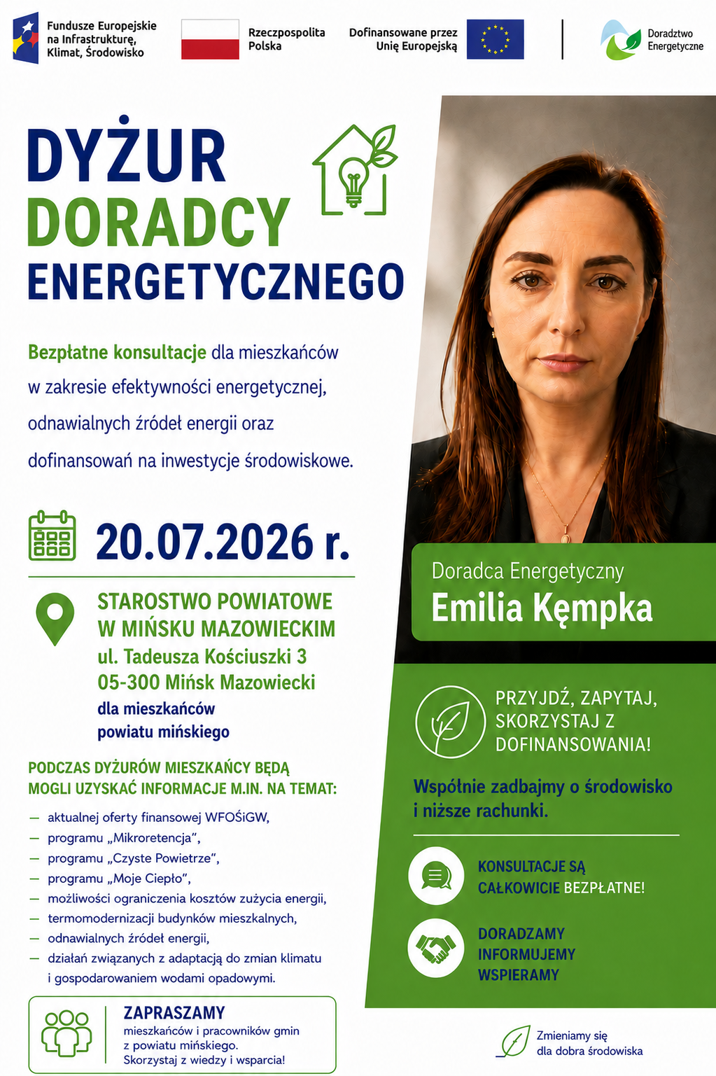 Grafika przedstawia Doradcę Energetycznego z Wojewódzkiego Funduszu Ochrony Środowiska i Gospodarki Wodnej w Warszawie, który zaprasza na dyżur Doradcy Energetycznego w Starostwie Powiatowym w Mińsku Mazowieckim 20 lipca