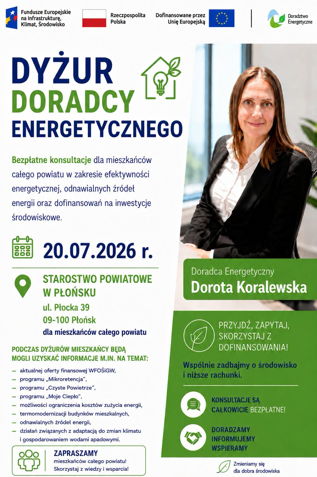 Grafika przedstawia Doradcę Energetycznego z Wojewódzkiego Funduszu Ochrony Środowiska i Gospodarki Wodnej w Warszawie, który zaprasza na dyżur Doradcy Energetycznego w Starostwie Powiatowym w Płońsku20 lipca