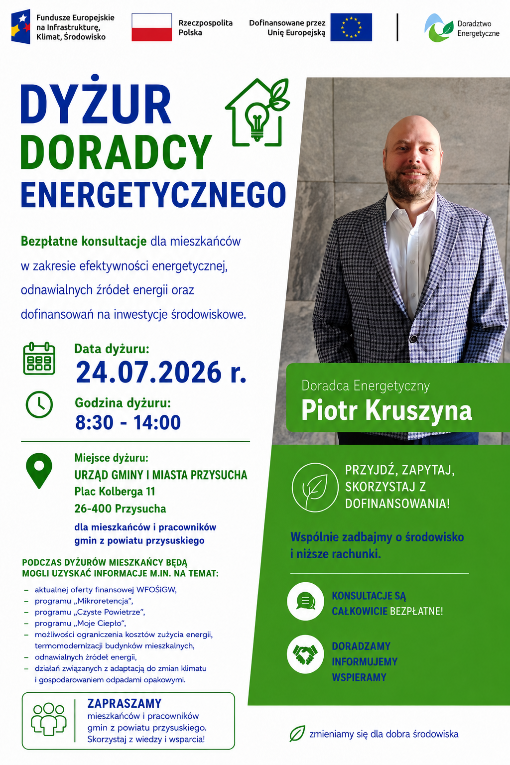 Grafika przedstawia Doradcę Energetycznego z Wojewódzkiego Funduszu Ochrony Środowiska i Gospodarki Wodnej w Warszawie, który zaprasza na dyżur Doradcy Energetycznego w Urzędzie Gminy i Miasta Przysucha 24 lipca