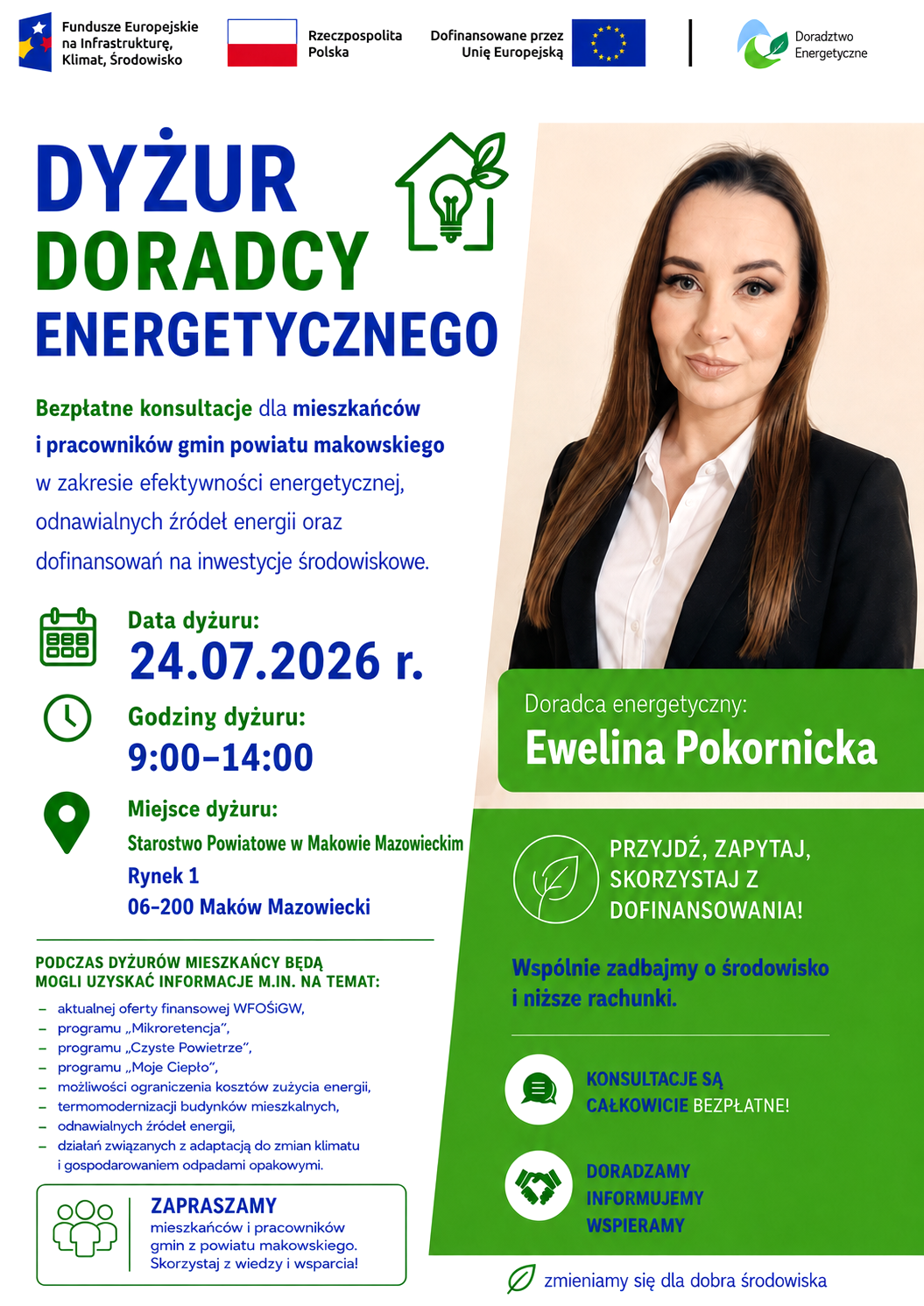 Grafika przedstawia Doradcę Energetycznego z Wojewódzkiego Funduszu Ochrony Środowiska i Gospodarki Wodnej w Warszawie, który zaprasza na dyżur Doradcy Energetycznego w Starostwie Powiatowym w Makowie Mazowieckim 24 lipca