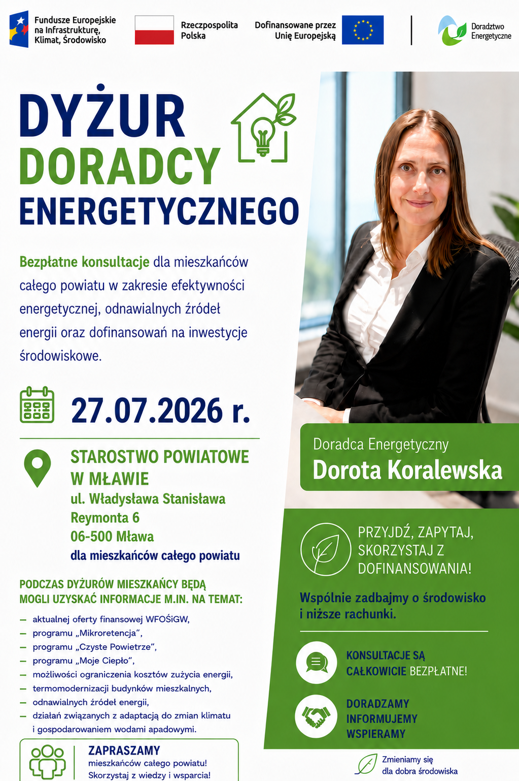 Grafika przedstawia Doradcę Energetycznego z Wojewódzkiego Funduszu Ochrony Środowiska i Gospodarki Wodnej w Warszawie, który zaprasza na dyżur Doradcy Energetycznego w Starostwie Powiatowym w Mławie 27 lipca