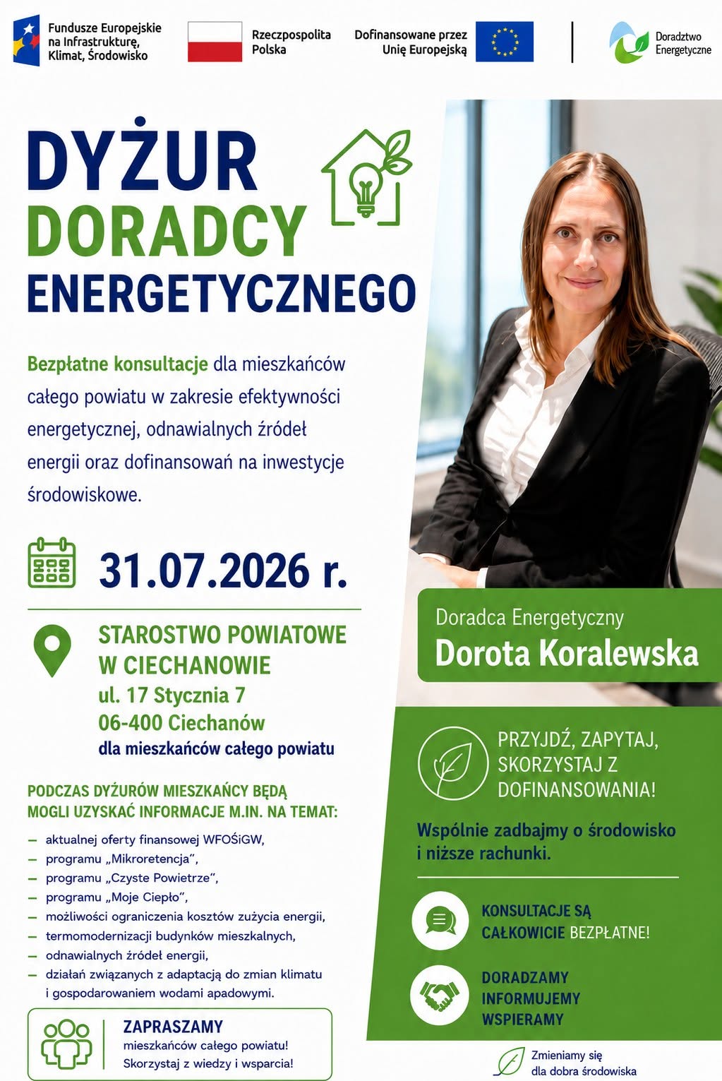 Grafika przedstawia Doradcę Energetycznego z Wojewódzkiego Funduszu Ochrony Środowiska i Gospodarki Wodnej w Warszawie, który zaprasza na dyżur Doradcy Energetycznego w Starostwie Powiatowym w Ciechanowie 31 lipca