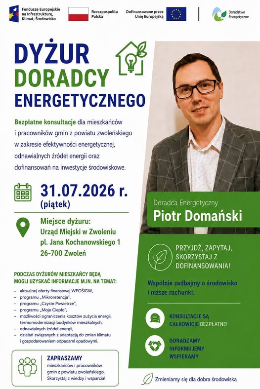 Grafika przedstawia Doradcę Energetycznego z Wojewódzkiego Funduszu Ochrony Środowiska i Gospodarki Wodnej w Warszawie, który zaprasza na dyżur Doradcy Energetycznego w Urzędzie Miejskim w Zwoleniu 31 lipca