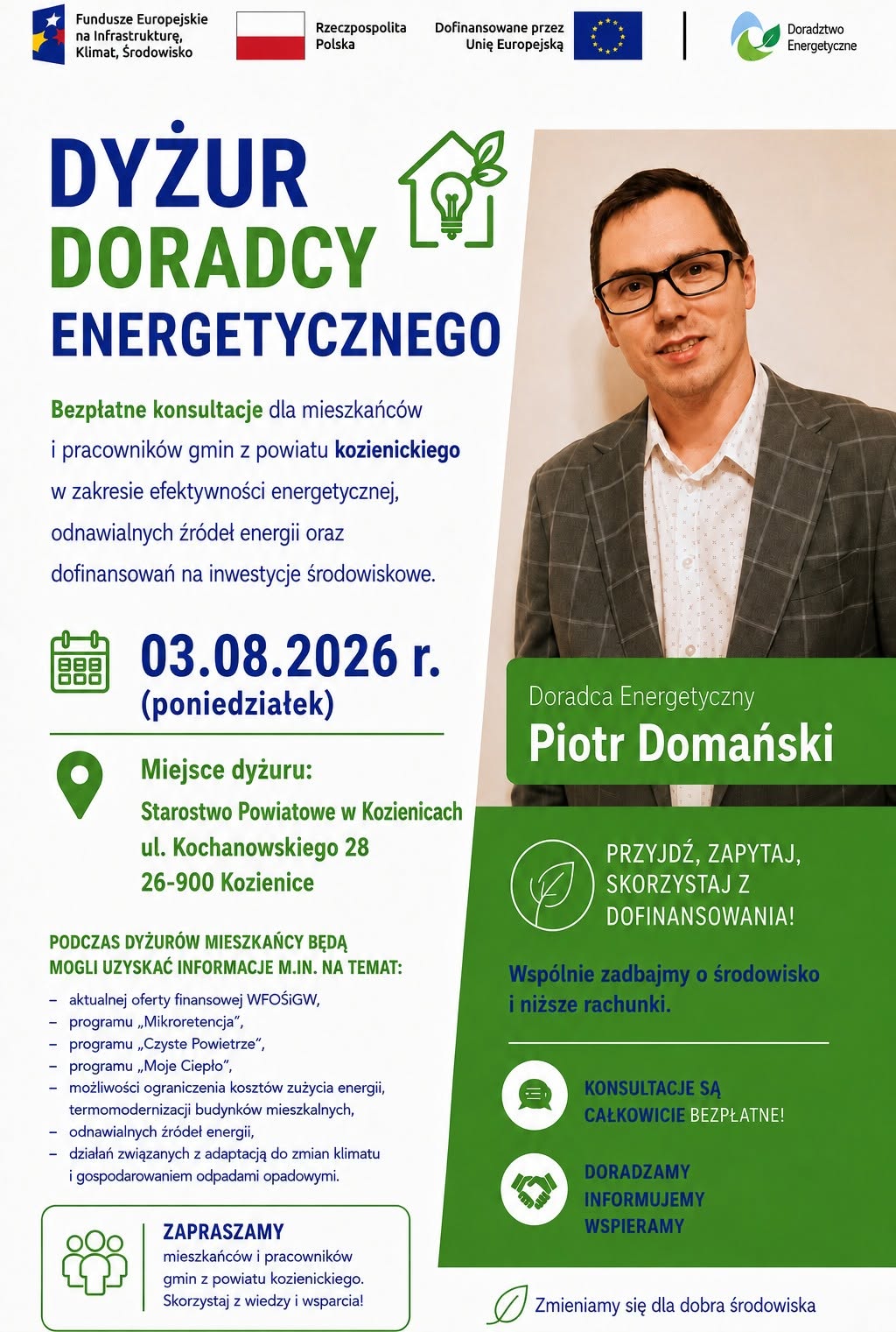 Grafika przedstawia Doradcę Energetycznego z Wojewódzkiego Funduszu Ochrony Środowiska i Gospodarki Wodnej w Warszawie, który zaprasza na dyżur Doradcy Energetycznego w Starostwie Powiatowym w Kozienicach 3 sierpnia