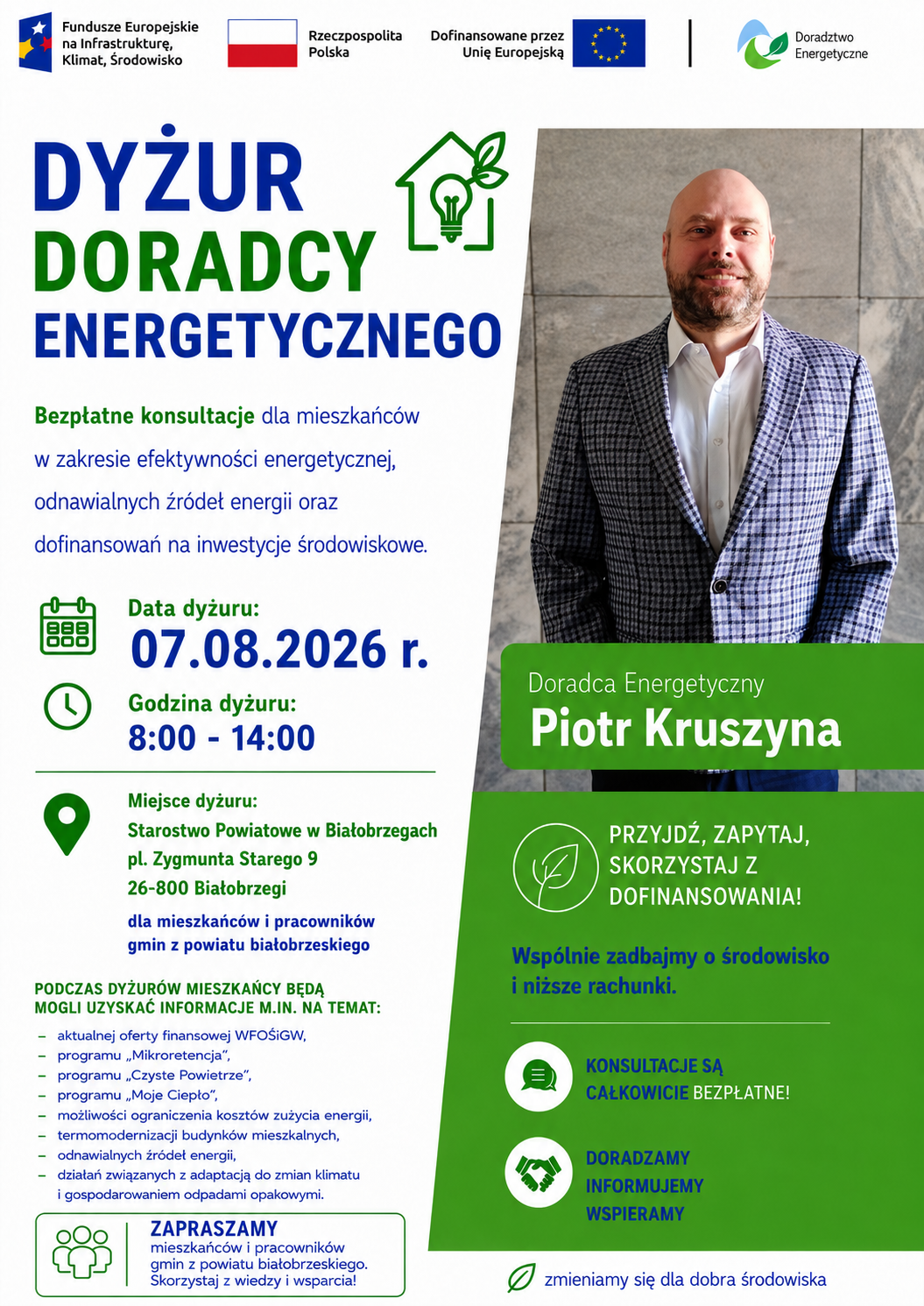 Grafika przedstawia Doradcę Energetycznego z Wojewódzkiego Funduszu Ochrony Środowiska i Gospodarki Wodnej w Warszawie, który zaprasza na dyżur Doradcy Energetycznego w Starostwie Powiatowym w Białobrzegach 7 sierpnia