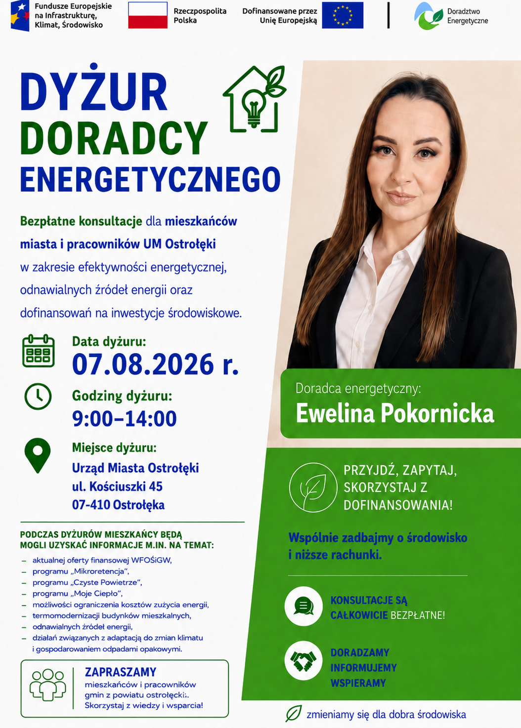 Grafika przedstawia Doradcę Energetycznego z Wojewódzkiego Funduszu Ochrony Środowiska i Gospodarki Wodnej w Warszawie, który zaprasza na dyżur Doradcy Energetycznego w Urzędzie Miasta Ostrołęki 7 sierpnia