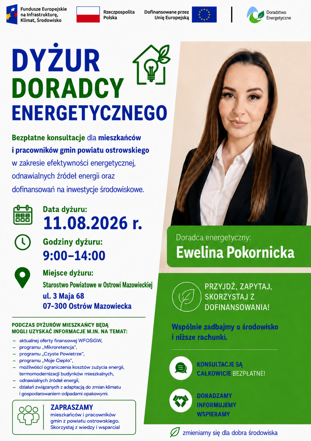 Grafika przedstawia Doradcę Energetycznego z Wojewódzkiego Funduszu Ochrony Środowiska i Gospodarki Wodnej w Warszawie, który zaprasza na dyżur Doradcy Energetycznego w Starostwie Powiatowym w Ostrowi Mazowieckiej 11 sierpnia