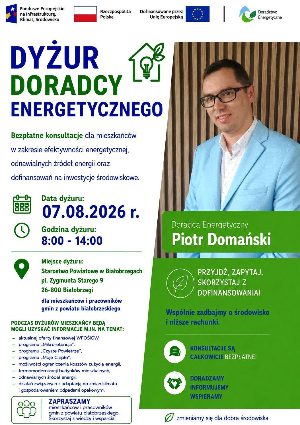 Grafika przedstawia Doradcę Energetycznego z Wojewódzkiego Funduszu Ochrony Środowiska i Gospodarki Wodnej w Warszawie, który zaprasza na dyżur Doradcy Energetycznego w Starostwie Powiatowym w Białobrzegach 7 sierpnia