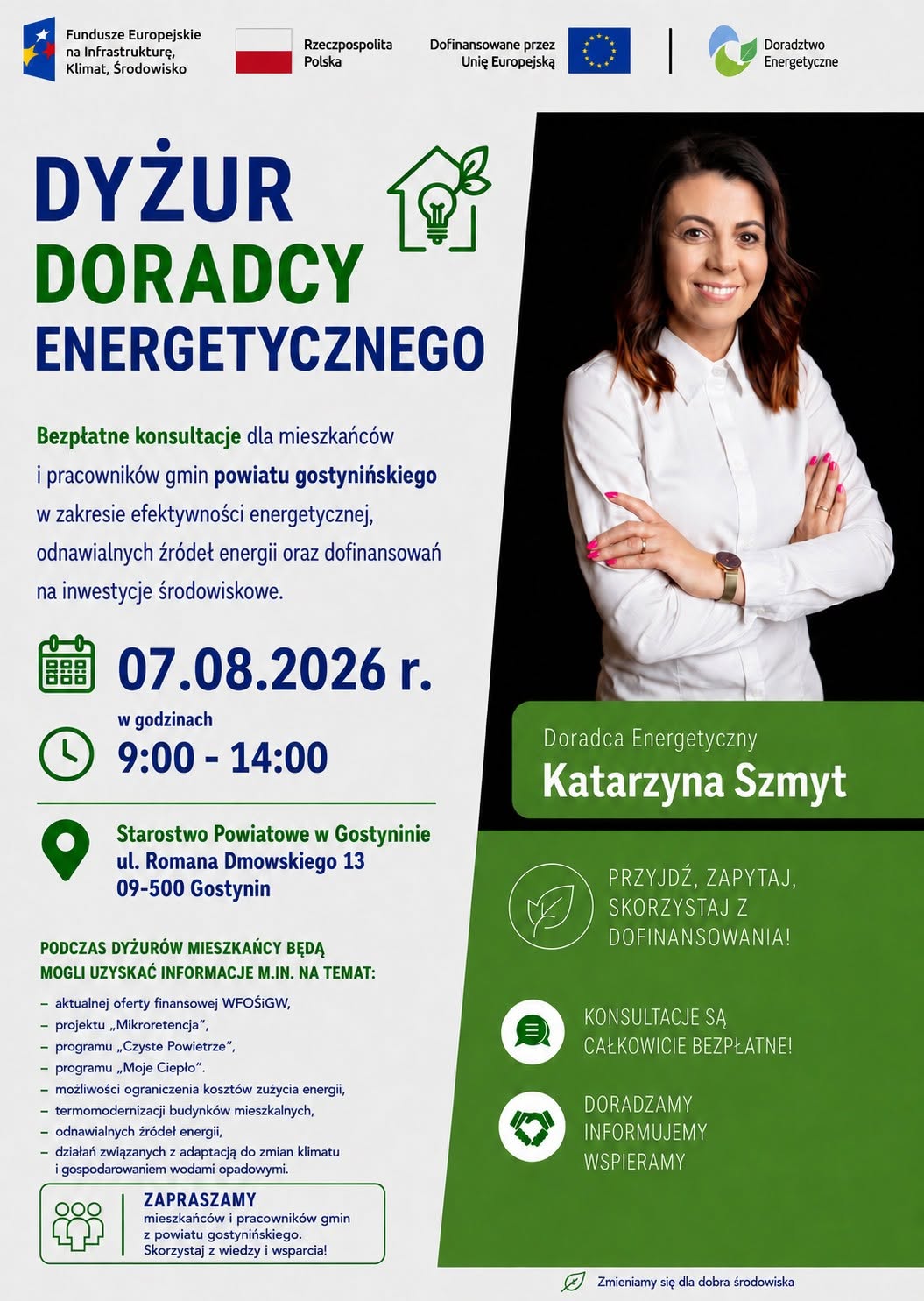 Grafika przedstawia Doradcę Energetycznego z Wojewódzkiego Funduszu Ochrony Środowiska i Gospodarki Wodnej w Warszawie, który zaprasza na dyżur Doradcy Energetycznego w Starostwie Powiatowym w Gostyninie 7 sierpnia
