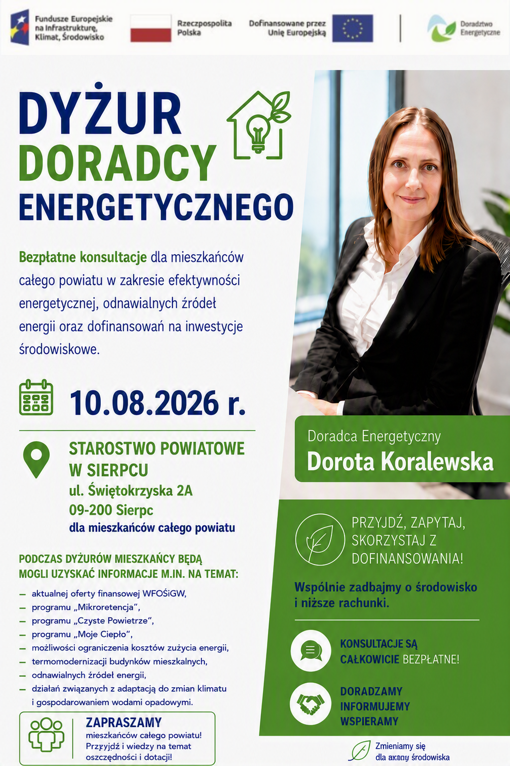 Grafika przedstawia Doradcę Energetycznego z Wojewódzkiego Funduszu Ochrony Środowiska i Gospodarki Wodnej w Warszawie, który zaprasza na dyżur Doradcy Energetycznego w Starostwie Powiatowym w Sierpcu 10 sierpnia