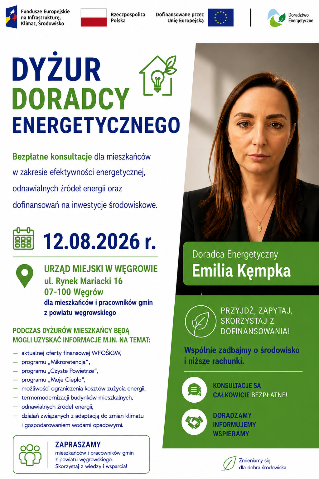 Grafika przedstawia Doradcę Energetycznego z Wojewódzkiego Funduszu Ochrony Środowiska i Gospodarki Wodnej w Warszawie, który zaprasza na dyżur Doradcy Energetycznego w Urzędzie Miejskim w Węgrowie 12 sierpnia