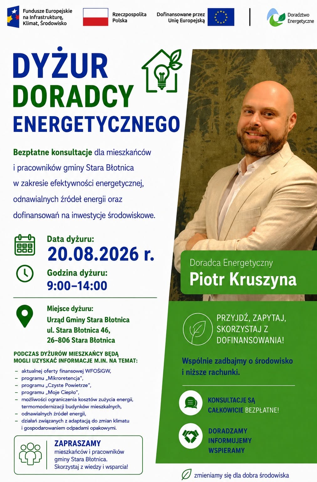 Grafika przedstawia Doradcę Energetycznego z Wojewódzkiego Funduszu Ochrony Środowiska i Gospodarki Wodnej w Warszawie, który zaprasza na dyżur Doradcy Energetycznego w Urzędzie Gminy Stara Błotnica 20 sierpnia