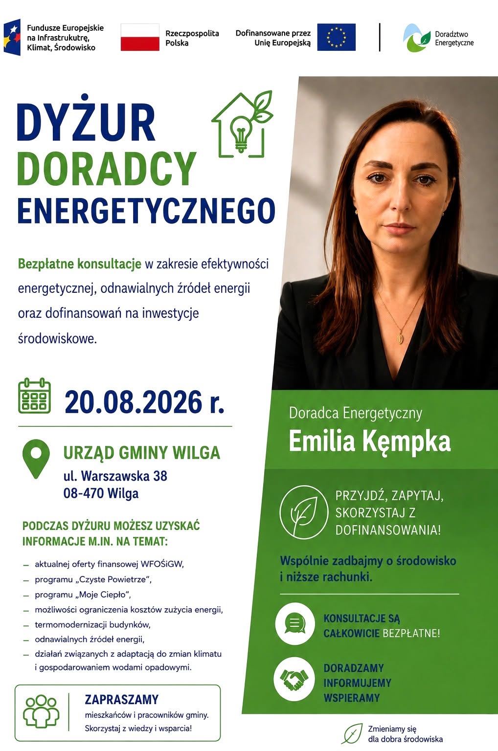 Grafika przedstawia Doradcę Energetycznego z Wojewódzkiego Funduszu Ochrony Środowiska i Gospodarki Wodnej w Warszawie, który zaprasza na dyżur Doradcy Energetycznego w Urzędzie Gminy Wilga 20 sierpnia