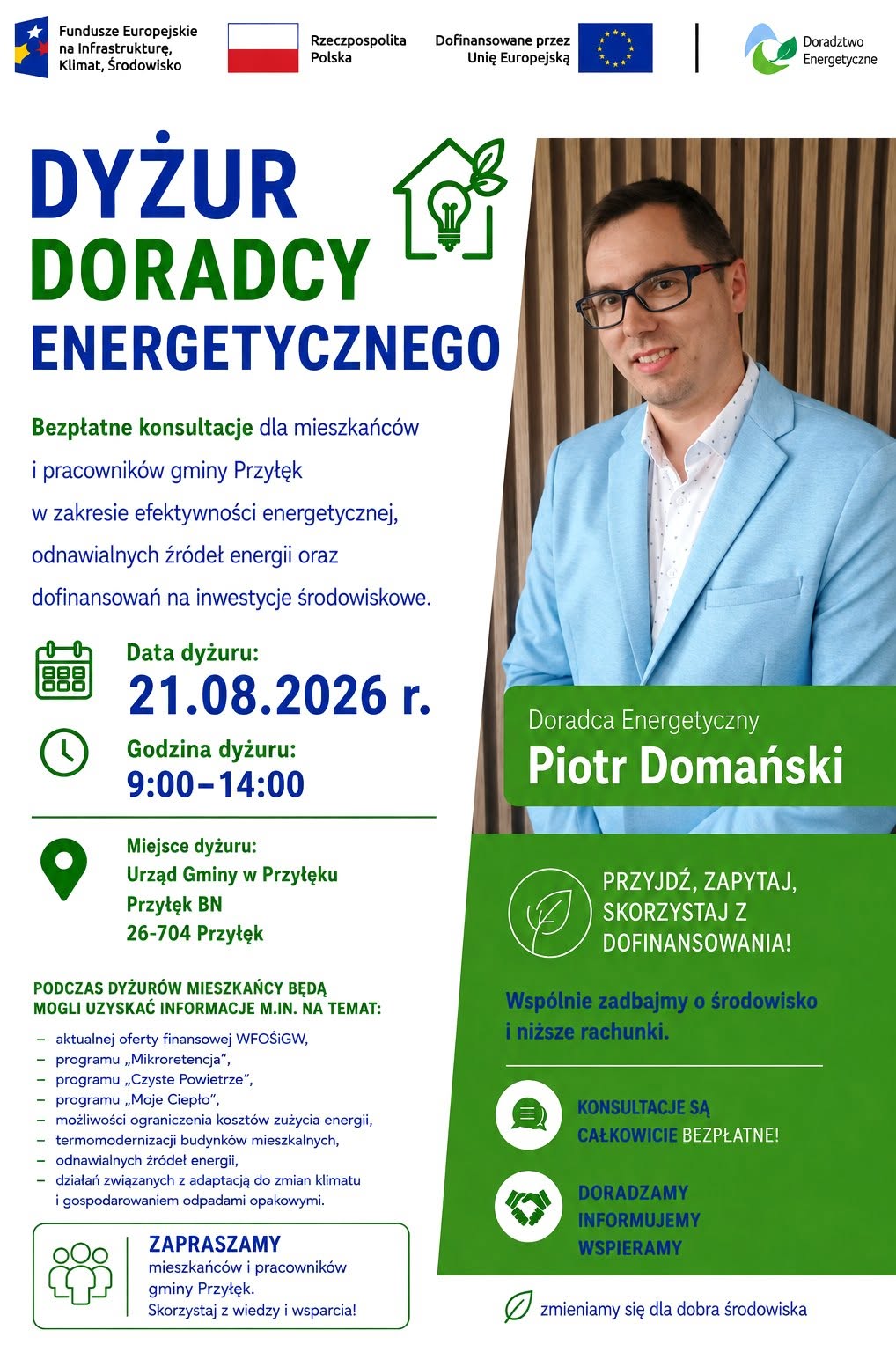 Grafika przedstawia Doradcę Energetycznego z Wojewódzkiego Funduszu Ochrony Środowiska i Gospodarki Wodnej w Warszawie, który zaprasza na dyżur Doradcy Energetycznego w Urzędzie Gminy w Przyłęku 21 sierpnia