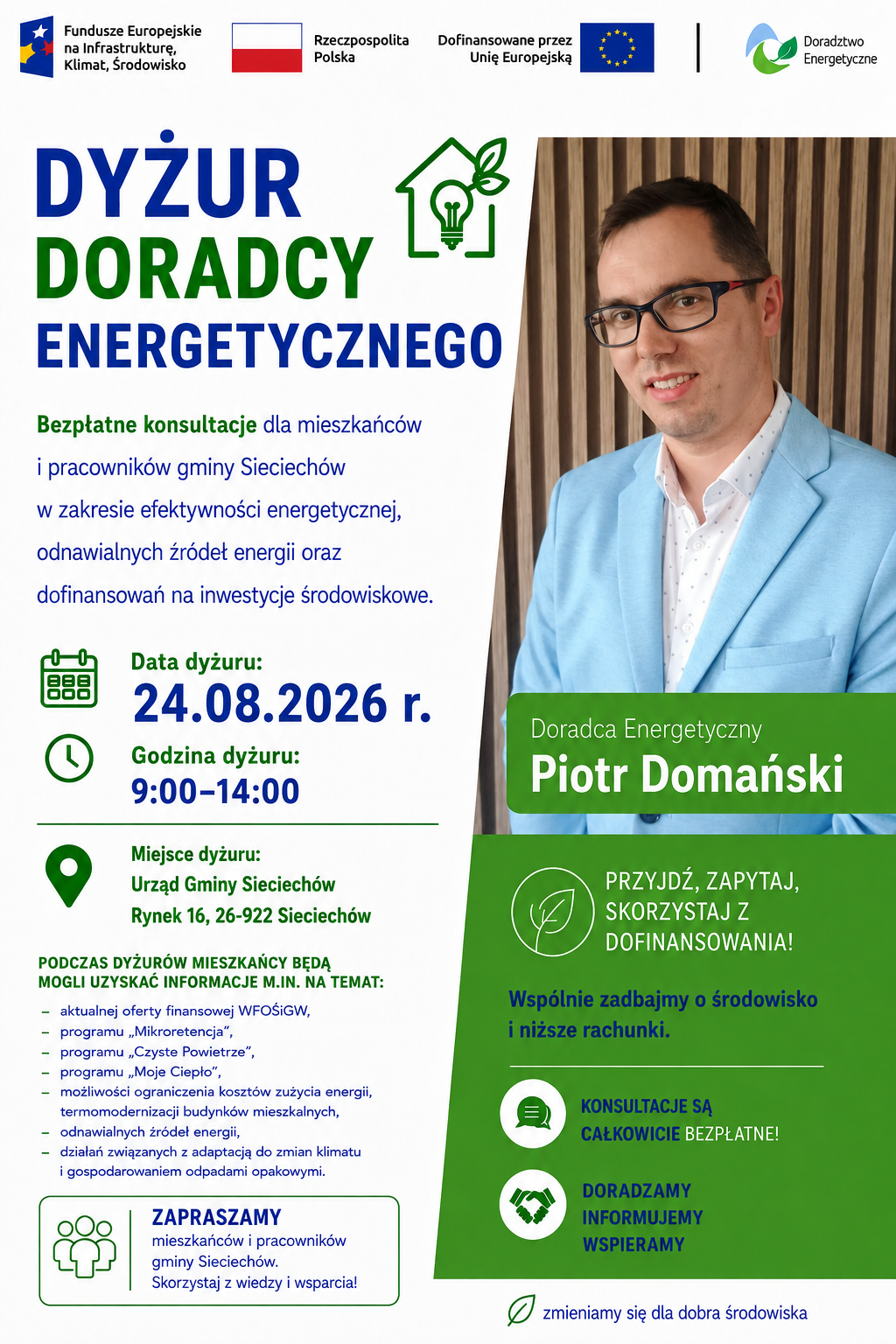 Grafika przedstawia Doradcę Energetycznego z Wojewódzkiego Funduszu Ochrony Środowiska i Gospodarki Wodnej w Warszawie, który zaprasza na dyżur Doradcy Energetycznego w Urzędzie Gminy Sieciechów 24 sierpnia
