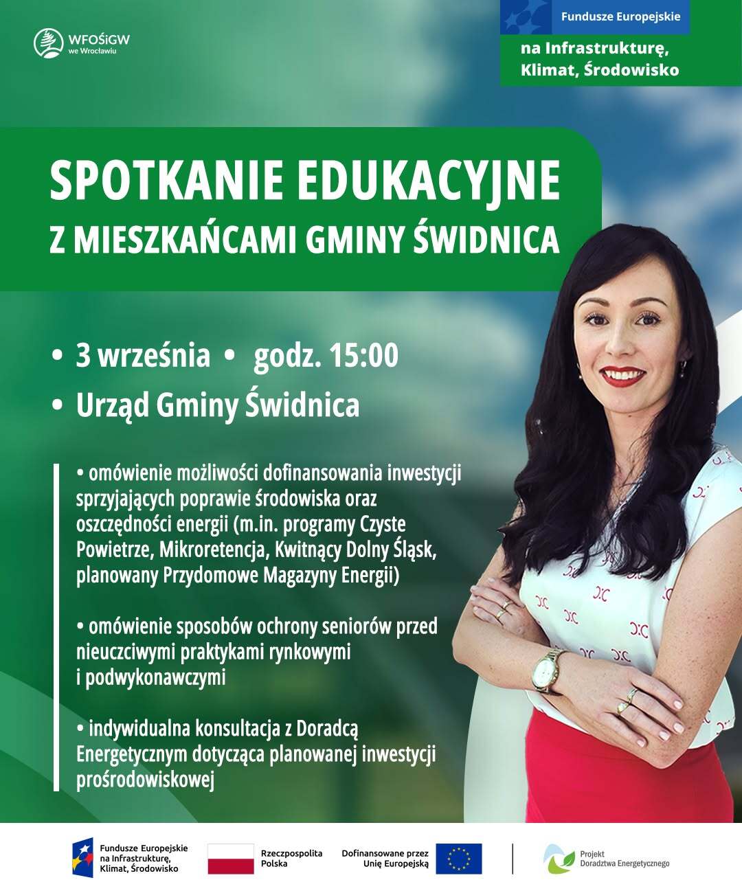 Grafika przedstawia Doradcę Energetycznego. Jednocześnie jest zaproszeniem na Spotkanie Edukacyjne z mieszkańcami Gminy Świdnica, które odbędzie się 3 września o godzinie 15:00 w Urzędzie Gminy Świdnica