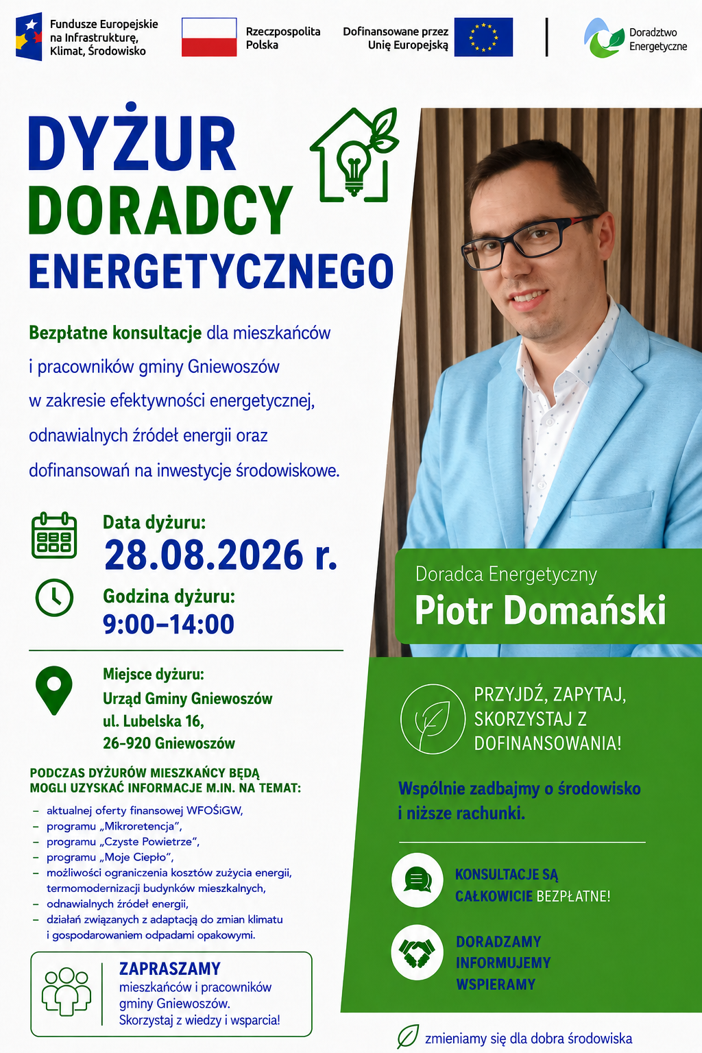 Grafika przedstawia Doradcę Energetycznego z Wojewódzkiego Funduszu Ochrony Środowiska i Gospodarki Wodnej w Warszawie, który zaprasza na dyżur Doradcy Energetycznego w Urzędzie Gminy Gniewoszów 28 sierpnia