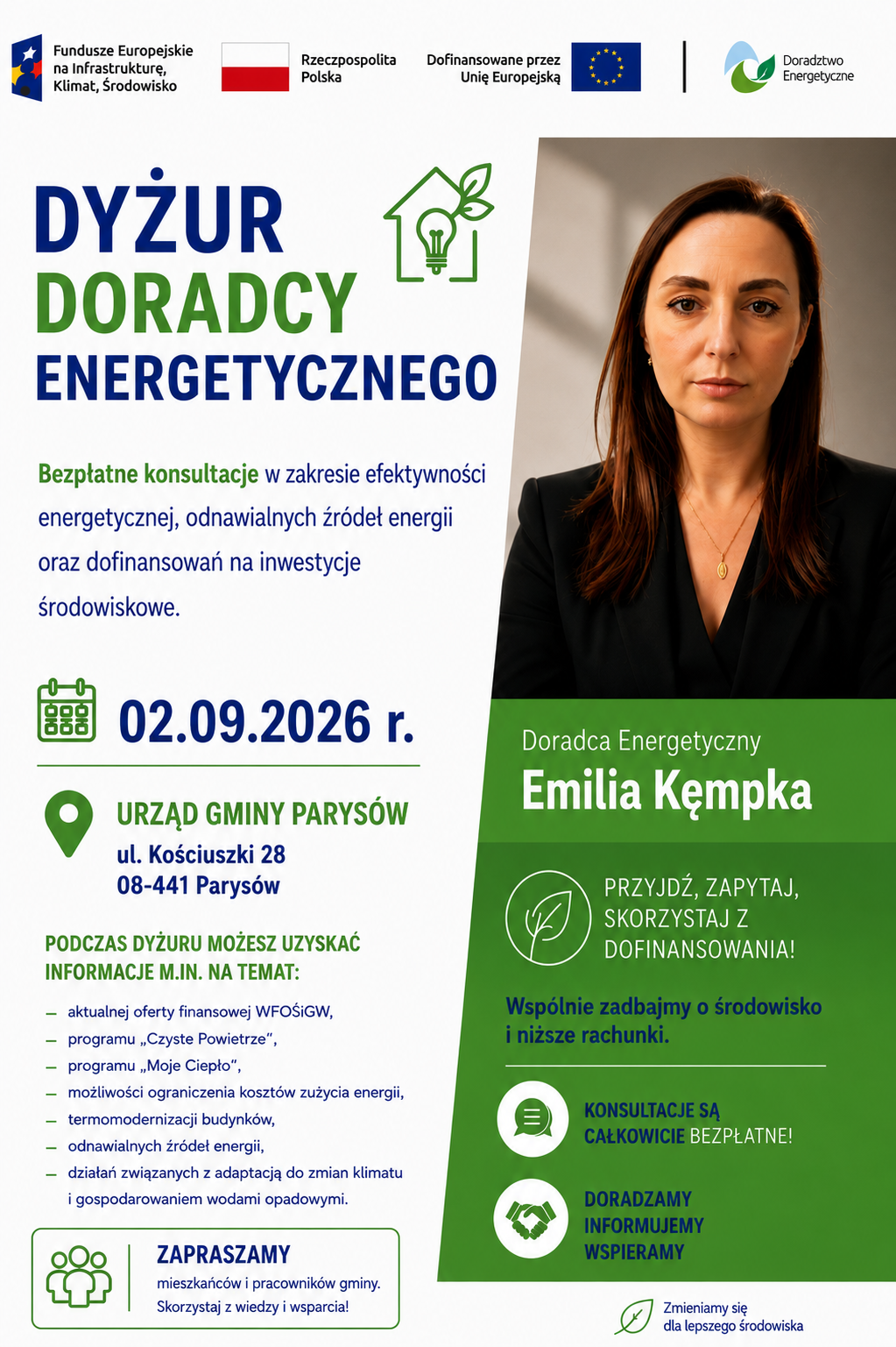 Grafika przedstawia Doradcę Energetycznego z Wojewódzkiego Funduszu Ochrony Środowiska i Gospodarki Wodnej w Warszawie, który zaprasza na dyżur Doradcy Energetycznego w Urzędzie Gminy Parysów 2 września