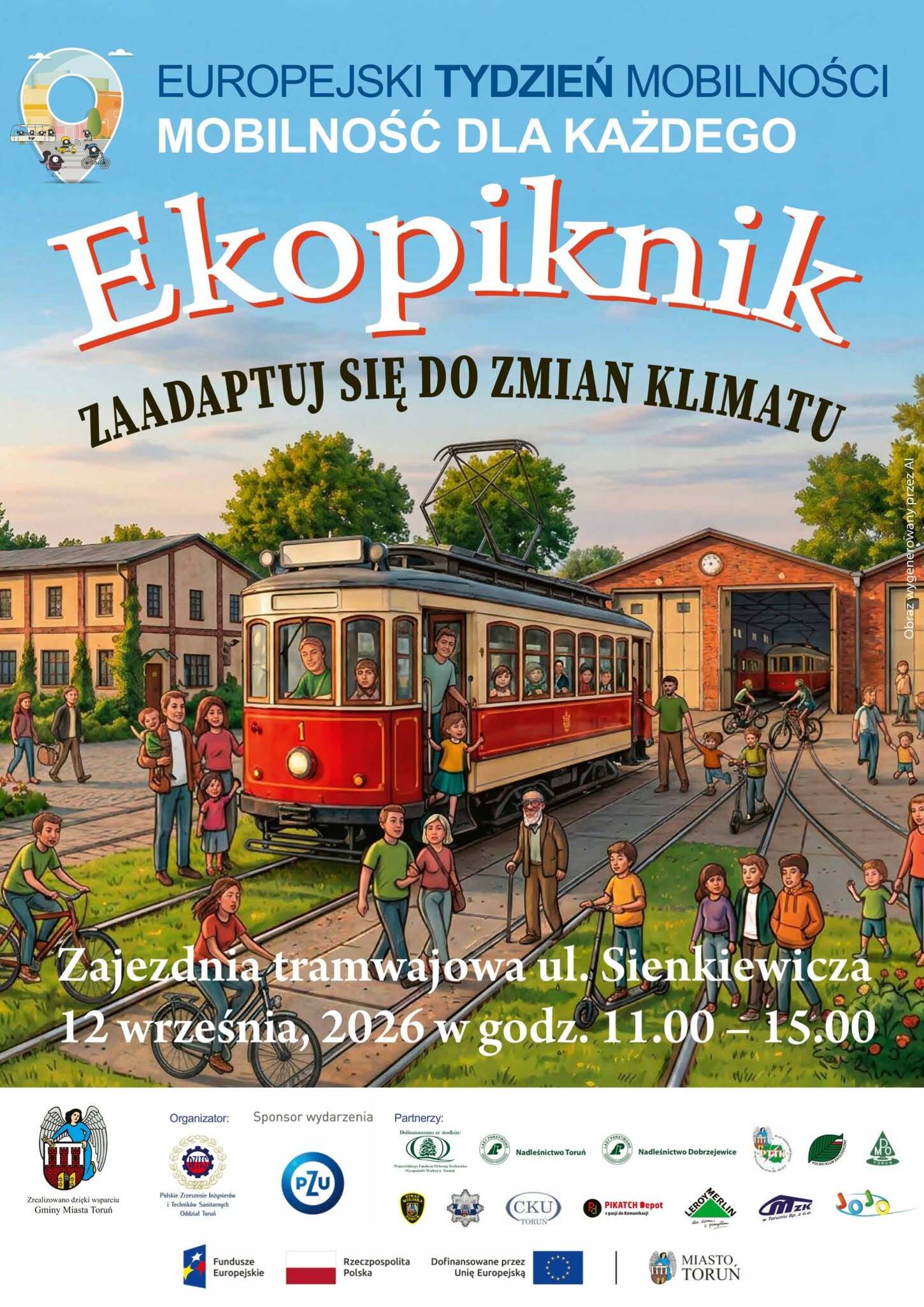 Grafika przedstawia Zajezdnię Tramwajową oraz spacerujących ludzi. Jest równocześnie zaproszeniem na Ekopiknik z okazji Europejskiego Tygodnia Mobilności, który odbędzie się 12 września w godzinach 11:00 - 15:00 na ul. Sienkiewicza w Toruniu
