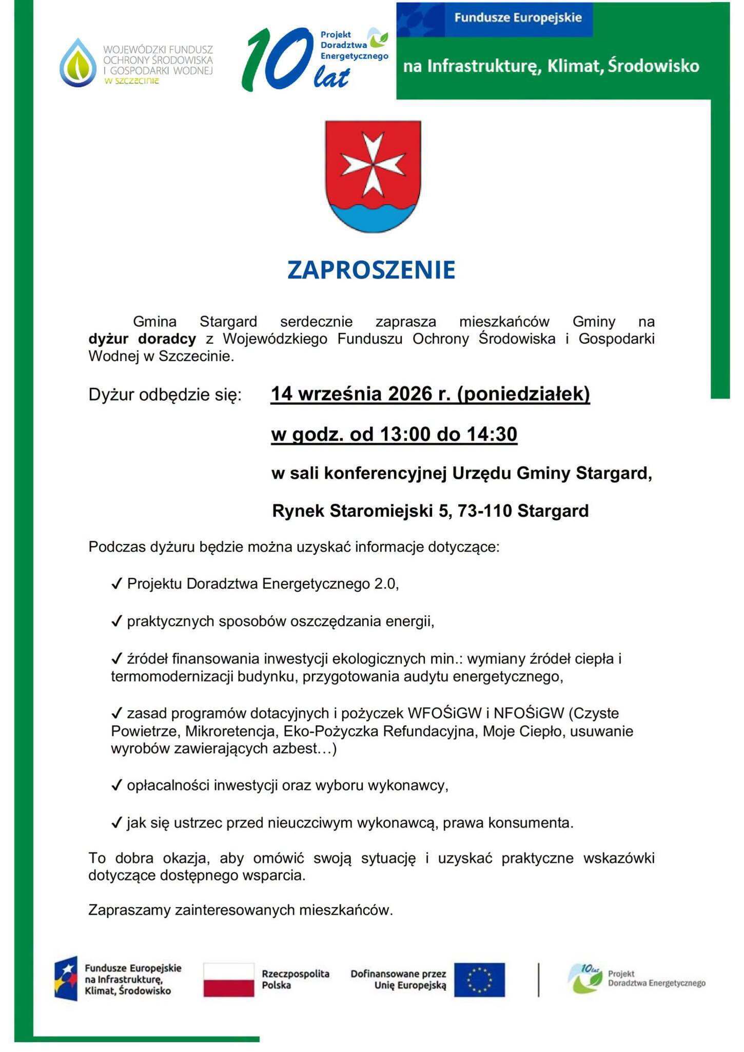 Grafika jest zaproszeniem na spotkanie z Doradcą Energetycznym, które odbędzie się 14 września w godzinach 13:00 - 14:30 w sali konferencyjnej Urzędu Gminy Stargard