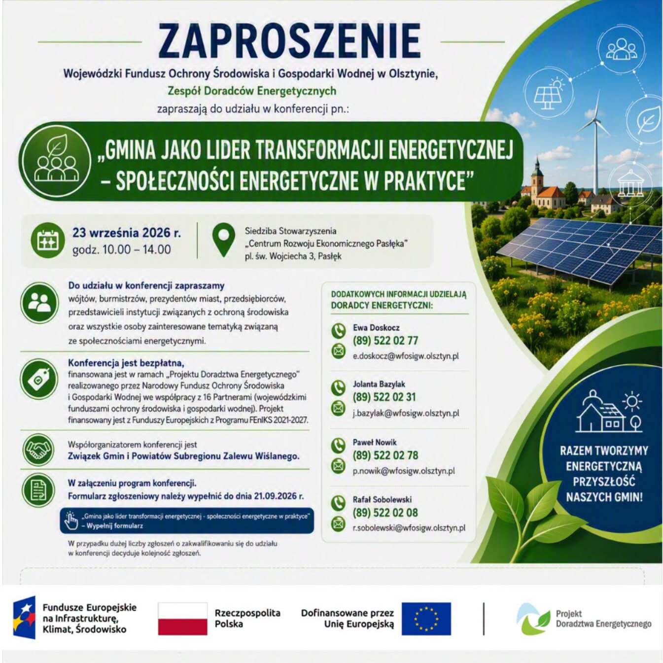 Grafika przedstawia elementy zabudowy ratusza oraz panele fotowoltaiczne i wiatrak. Równocześnie jest zaproszeniem na konferencję 