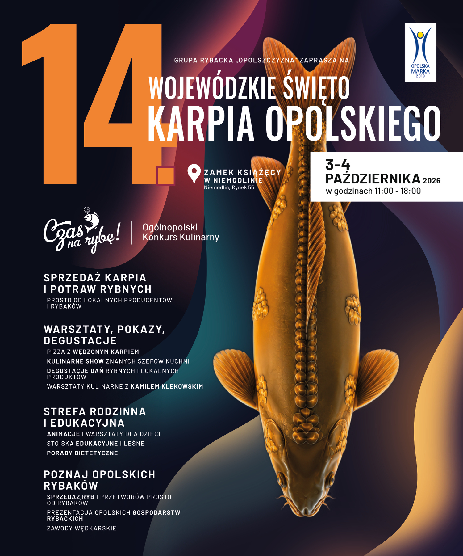 Grafika przedstawia karpia. Jednocześnie jest zaproszenie na 14. Wojewódzkie Święto Karpia Opolskiego, które odbędzie się 3 - 4 października w godzinach 11:00 - 18:00