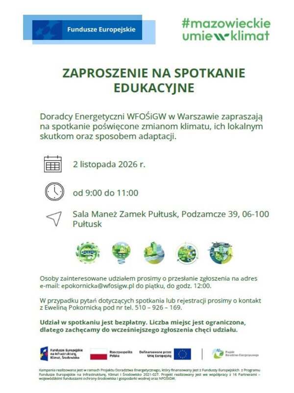 Zaproszenie na spotkanie edukacyjne 2 listopad w godzinach 9:00 - 11:00 Sala Maneż Zamek Pułtusk w Pułtusku