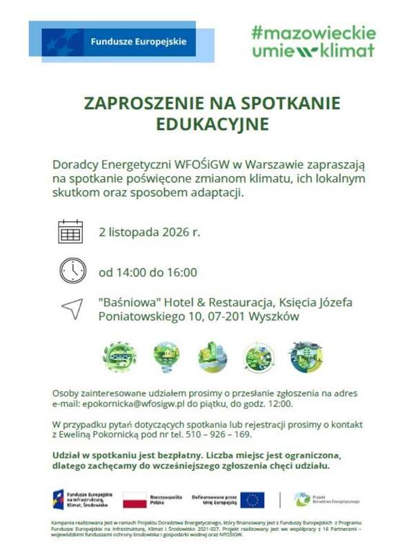 Zaproszenie na spotkanie edukacyjne 2 listopad w godzinach 14:00 - 16:00 Hotel & Restauracja w Wyszkowie