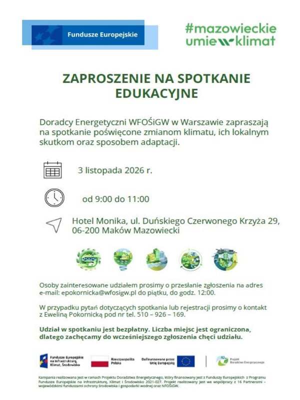 Zaproszenie na spotkanie edukacyjne 3 listopad w godzinach 9:00 - 11:00 Hotel Monika w Makowie Mazowieckim
